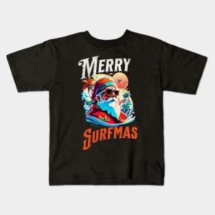 Merry Surfmas, Santa Waving, Christmas, Surf Gift, Santa Gift Kids T-Shirt